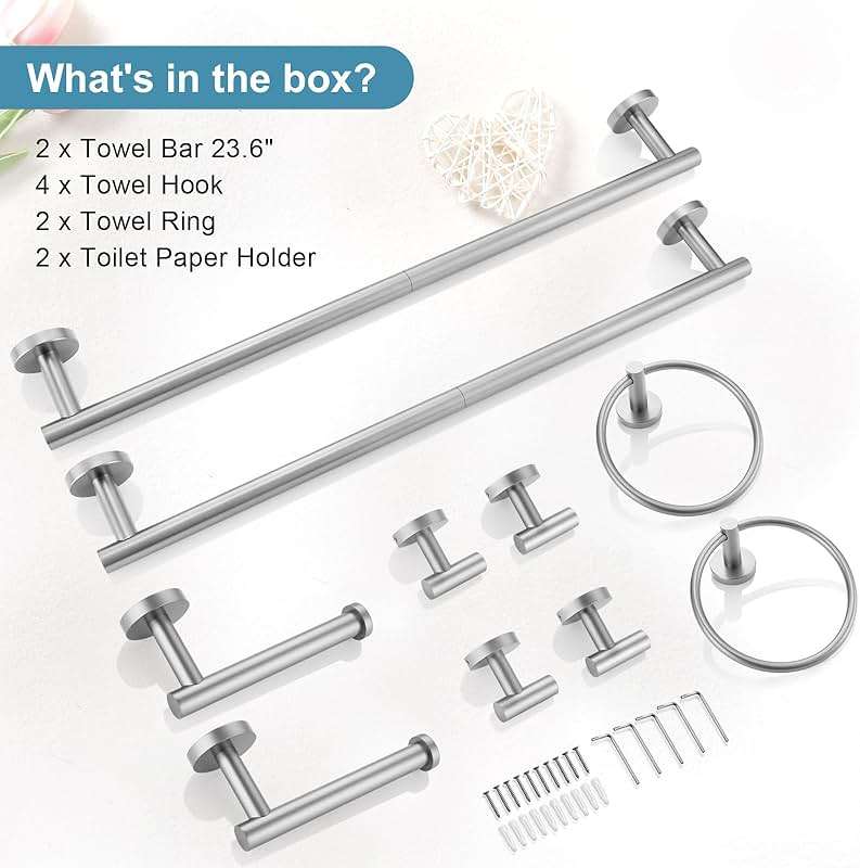 TQKAG Brushed Nickel Bathroom Hardware Accessories Set - 10-Piece Premium SUS304 Stainless Steel Towel Bar Holder Set with 23.6 Inch Round Towel Racks for Wall Mounted Bathroom - Image 8