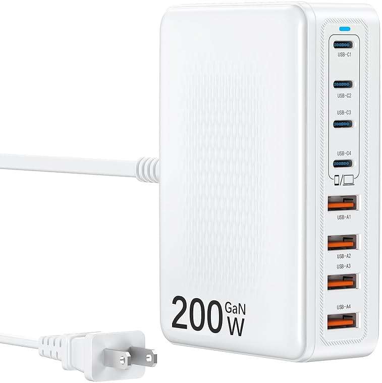 USB C Charger Block 200W Charging Station Hub for Multiple Devices Upgraded GaN III 8-Port PD 65W Fast Laptop Power Adapter for MacBook Pro/Air,DELL,iPad,HP,iPhone 16/15,Samsung S25/S24,Steam Deck etc - Image 1