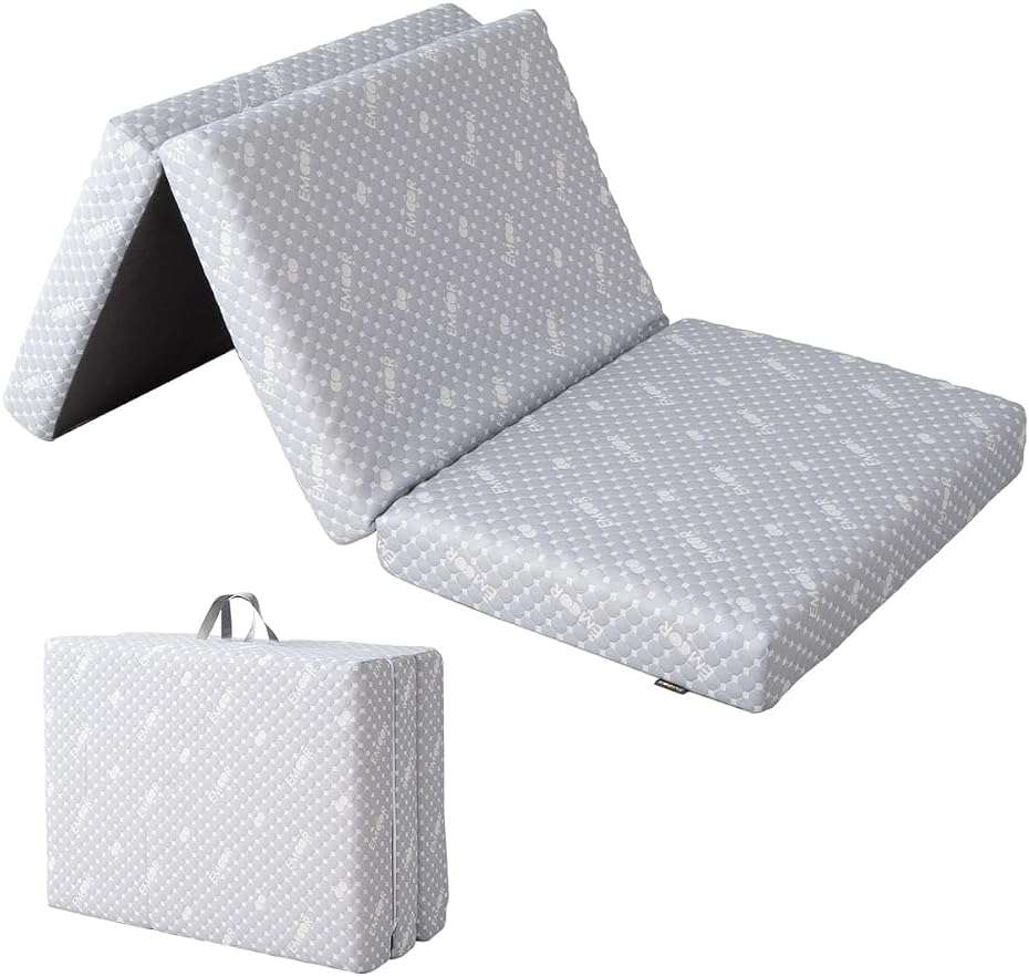 EMOOR Luxe Tri-Fold Compact Mattress (71 x 32 in) Gray, Urethane Removable Cover Outdoor Camping Portable Guest Handles Japanese Futon Mattress Tatami - Image 1