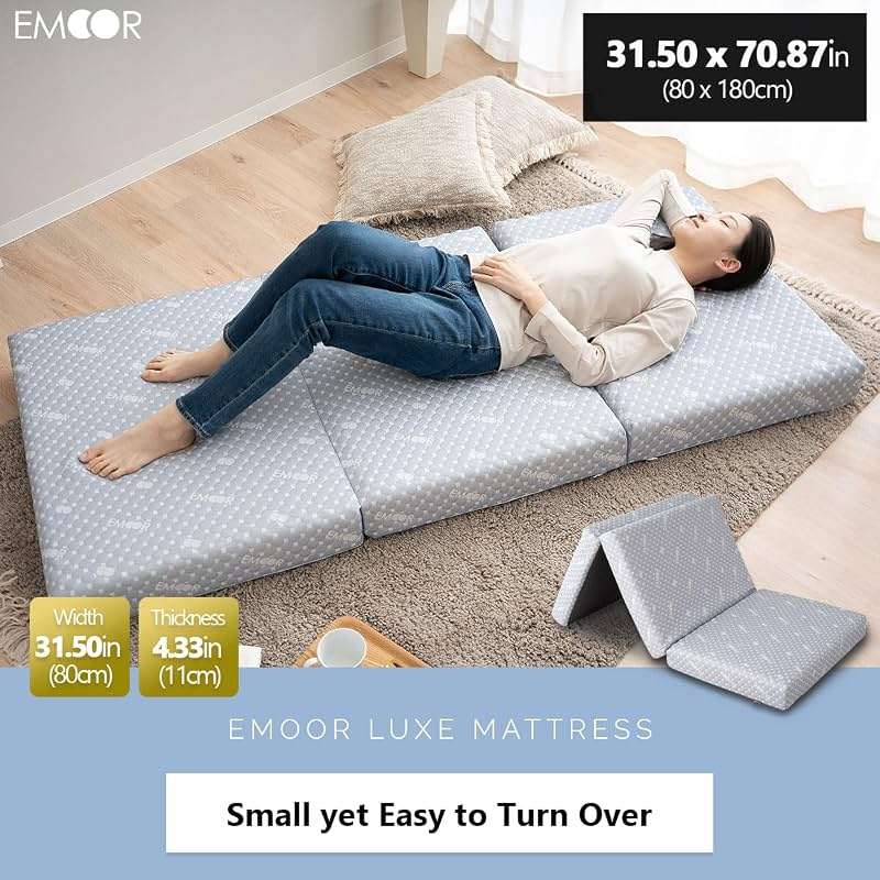 EMOOR Luxe Tri-Fold Compact Mattress (71 x 32 in) Gray, Urethane Removable Cover Outdoor Camping Portable Guest Handles Japanese Futon Mattress Tatami - Image 3