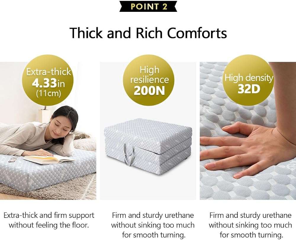 EMOOR Luxe Tri-Fold Compact Mattress (71 x 32 in) Gray, Urethane Removable Cover Outdoor Camping Portable Guest Handles Japanese Futon Mattress Tatami - Image 5