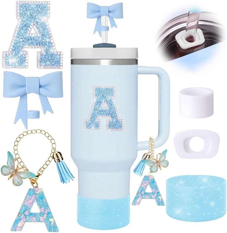 6pcs Blue Stanley Cup Accessories Set, Bow Straw Topper for Stanley Cup 30oz 40oz, Including Straw Topper and Sparkly Silicone Boot, Stoppers Spill Proof, Handle Charm, Initials Sticker - Image 1