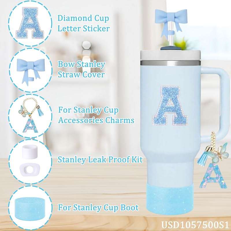 6pcs Blue Stanley Cup Accessories Set, Bow Straw Topper for Stanley Cup 30oz 40oz, Including Straw Topper and Sparkly Silicone Boot, Stoppers Spill Proof, Handle Charm, Initials Sticker - Image 4