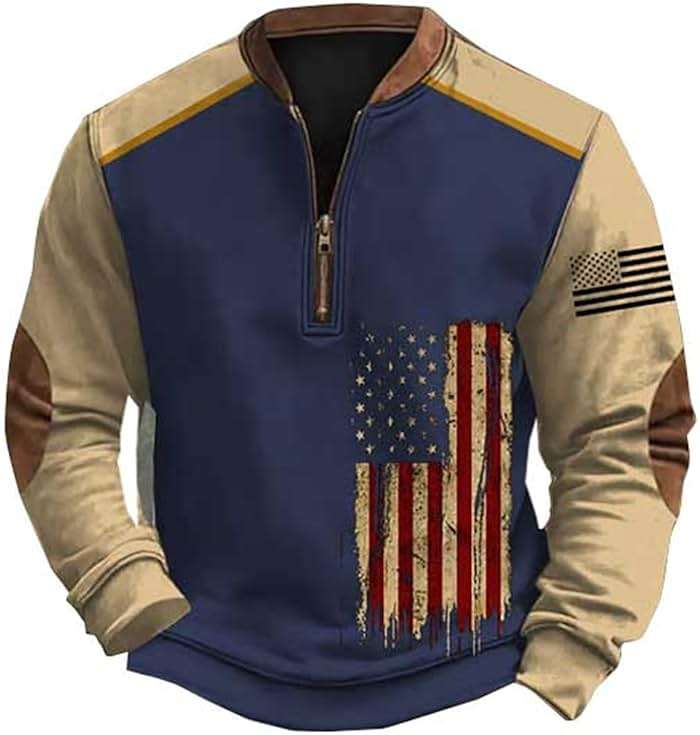 American Flag Sweatshirt Men Vintage Usa Sweatshirt Long Sleeve V Neck Patriotic Shirts Outdoor Western Wear - Image 1