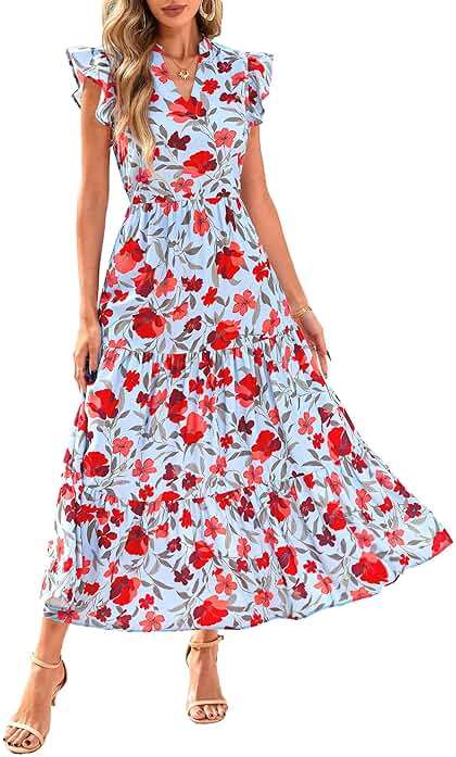 PRETTYGARDEN Women's 2026 Summer Floral Midi Dress Cap Sleeve V Neck Ruffle Long Flowy Boho Casual Beach Vacation Dresses - Image 1