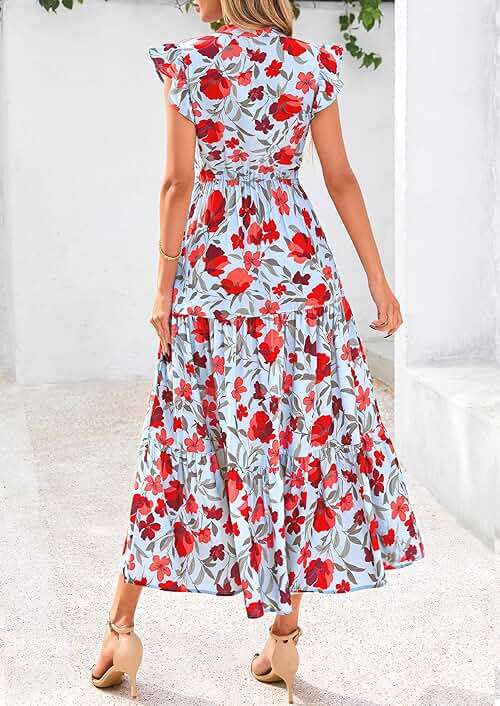 PRETTYGARDEN Women's 2026 Summer Floral Midi Dress Cap Sleeve V Neck Ruffle Long Flowy Boho Casual Beach Vacation Dresses - Image 2