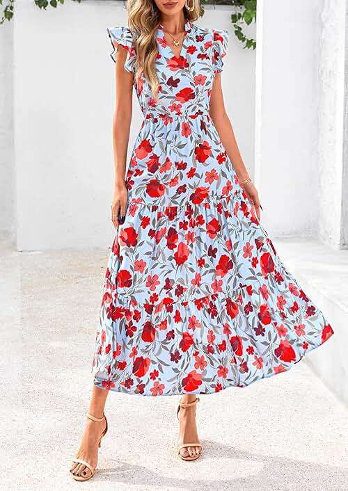 PRETTYGARDEN Women's 2026 Summer Floral Midi Dress Cap Sleeve V Neck Ruffle Long Flowy Boho Casual Beach Vacation Dresses - Image 3