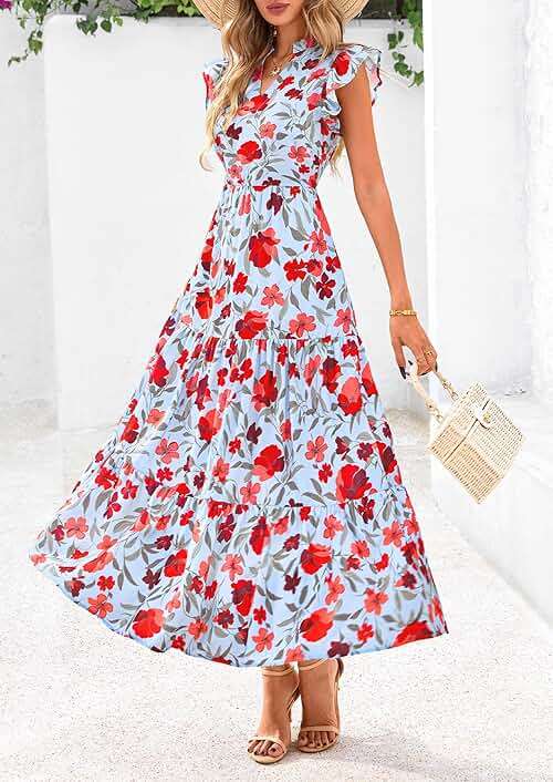 PRETTYGARDEN Women's 2026 Summer Floral Midi Dress Cap Sleeve V Neck Ruffle Long Flowy Boho Casual Beach Vacation Dresses - Image 4