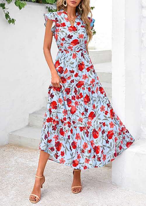 PRETTYGARDEN Women's 2026 Summer Floral Midi Dress Cap Sleeve V Neck Ruffle Long Flowy Boho Casual Beach Vacation Dresses - Image 6