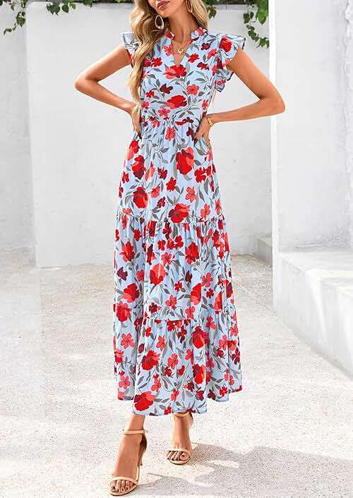 PRETTYGARDEN Women's 2026 Summer Floral Midi Dress Cap Sleeve V Neck Ruffle Long Flowy Boho Casual Beach Vacation Dresses - Image 7