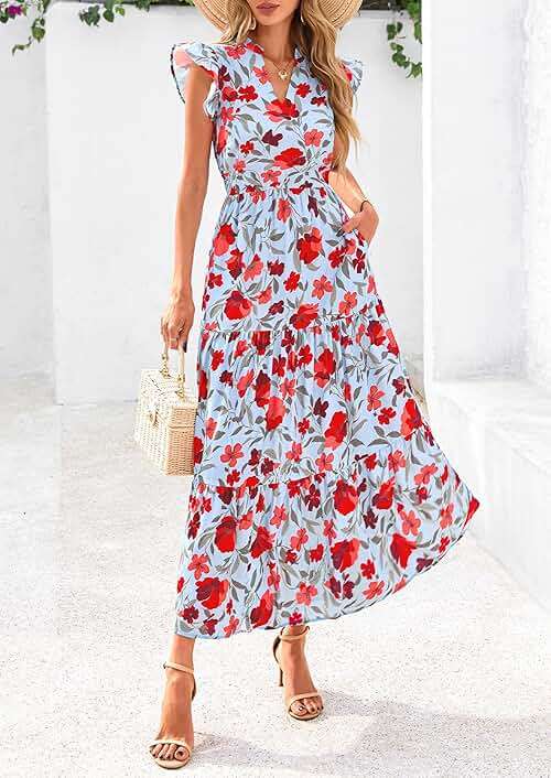 PRETTYGARDEN Women's 2026 Summer Floral Midi Dress Cap Sleeve V Neck Ruffle Long Flowy Boho Casual Beach Vacation Dresses - Image 8