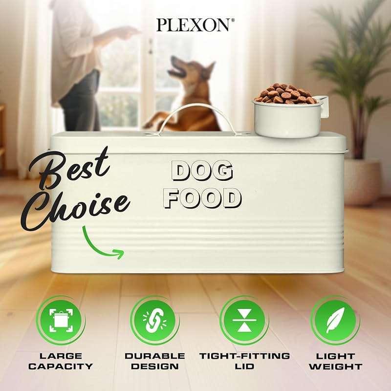 Plexon Metal Dog Food Storage Container with Scoop - Small Dog Food Container 10lbs Holder Treat Jar Bin with Lid - Pet Chow Storage Canister Tin, 2 Gallon, Off-White - Image 5