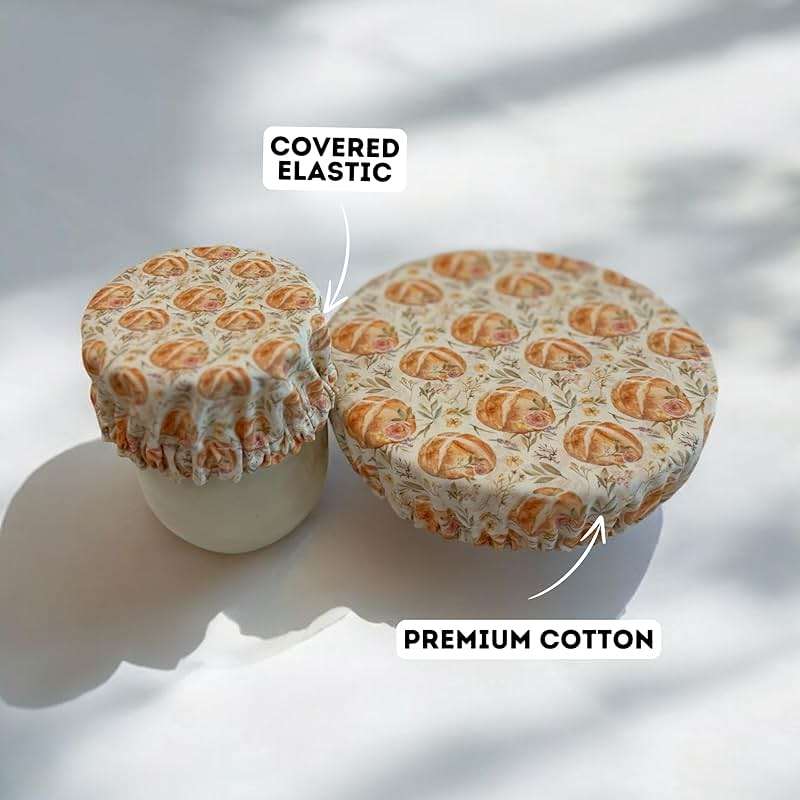 (4-Pack) Sourdough Reuseable Jar & Bowl Covers | Cute Baking Gift | 100% Cotton | Washable | Bread Proofing | Kitchen Food Storage Gifting | Starter Cover Lid Kit (Vintage Sourdough) - Image 3
