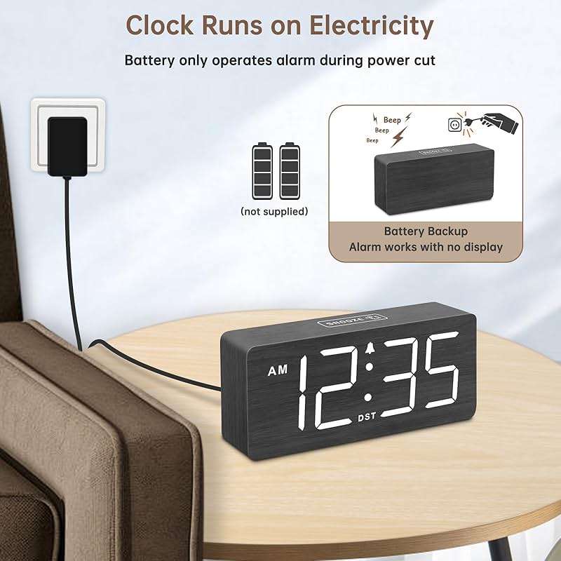 DreamSky Wooden Digital Alarm Clock for Bedroom - Loud Alarm Clock for Heavy Sleepers with Volume Control, Desk Clocks for Living Room with Large Numbers, Dimmer, DST, Wood Decor (Plug in Clock) - Image 3