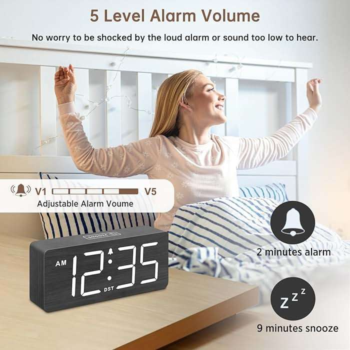 DreamSky Wooden Digital Alarm Clock for Bedroom - Loud Alarm Clock for Heavy Sleepers with Volume Control, Desk Clocks for Living Room with Large Numbers, Dimmer, DST, Wood Decor (Plug in Clock) - Image 4