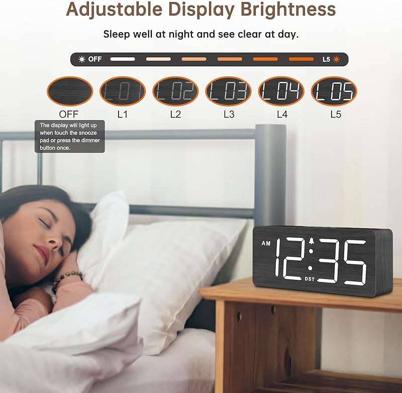 DreamSky Wooden Digital Alarm Clock for Bedroom - Loud Alarm Clock for Heavy Sleepers with Volume Control, Desk Clocks for Living Room with Large Numbers, Dimmer, DST, Wood Decor (Plug in Clock) - Image 5