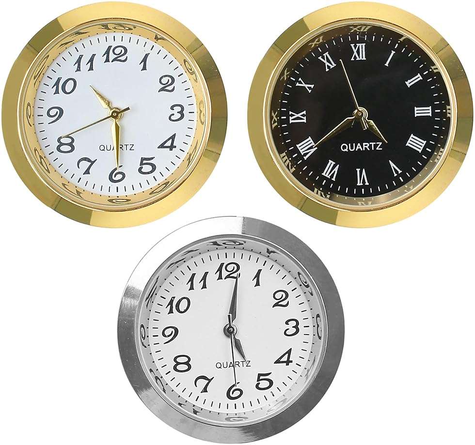 3PCS Mini Clock Face Insert Replacement, Fit 35mm (1.38") Hole Diameter, Round Inner Miniature Crystal Clock Roman Numeral Quartz Movement Metal Gold Tone Bezel Supplies for DIY Craft Repair Easy Read - Image 1