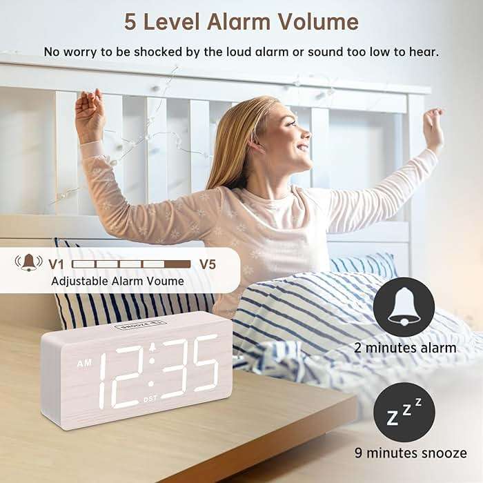DreamSky Wooden Digital Alarm Clock for Bedroom - Desk Clock for Living Room with Large Numbers, Dimmer, Loud Alarm for Heavy Sleepers with Volume Control, DST, Office Wood Decor (Plug in Clock) - Image 4