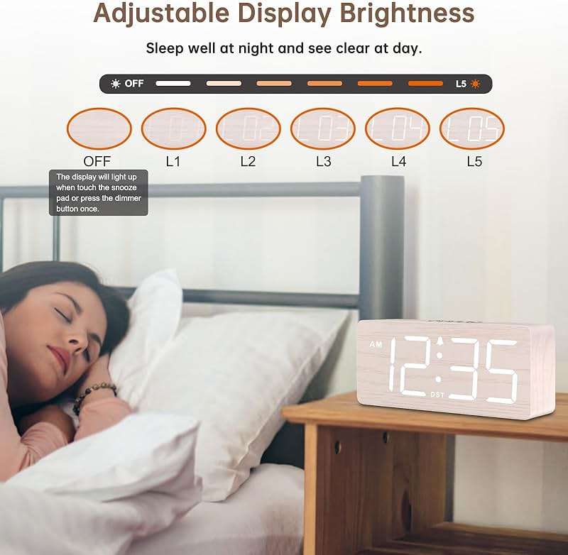DreamSky Wooden Digital Alarm Clock for Bedroom - Desk Clock for Living Room with Large Numbers, Dimmer, Loud Alarm for Heavy Sleepers with Volume Control, DST, Office Wood Decor (Plug in Clock) - Image 5