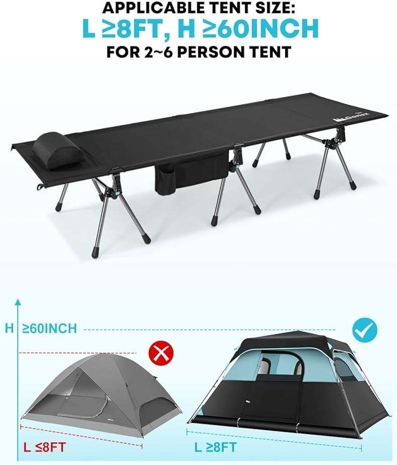 Gonex Camping Cot with Leg Extenders 2 in 1 Portable Ultralight Folding Cot for Adults Adjustable Height Supports 350lbs Sleeping Bed for Backpacking Travel Beach Home 74.8"x27.5"(Black, 1 PCS) - Image 7