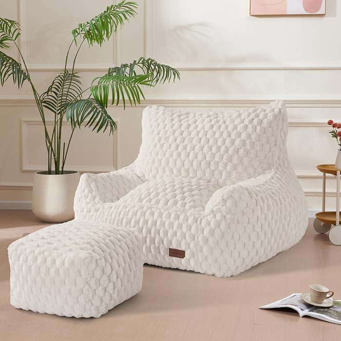 Bean Bag Chair with Ottoman, Modern Giant Bean Bag Couch Sofa with Footstool, Lounge Large Bean Bag Chairs for Adults Teens, Comfy Faux Fur Reading Chair for Bedroom, Living Room - Image 1