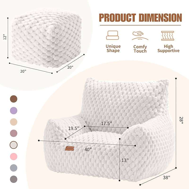 Bean Bag Chair with Ottoman, Modern Giant Bean Bag Couch Sofa with Footstool, Lounge Large Bean Bag Chairs for Adults Teens, Comfy Faux Fur Reading Chair for Bedroom, Living Room - Image 2