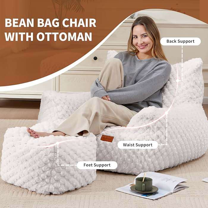 Bean Bag Chair with Ottoman, Modern Giant Bean Bag Couch Sofa with Footstool, Lounge Large Bean Bag Chairs for Adults Teens, Comfy Faux Fur Reading Chair for Bedroom, Living Room - Image 3
