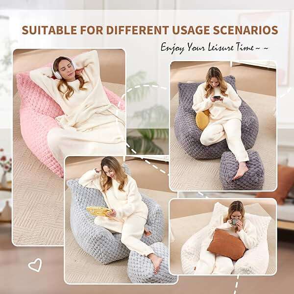 Bean Bag Chair with Ottoman, Modern Giant Bean Bag Couch Sofa with Footstool, Lounge Large Bean Bag Chairs for Adults Teens, Comfy Faux Fur Reading Chair for Bedroom, Living Room - Image 5
