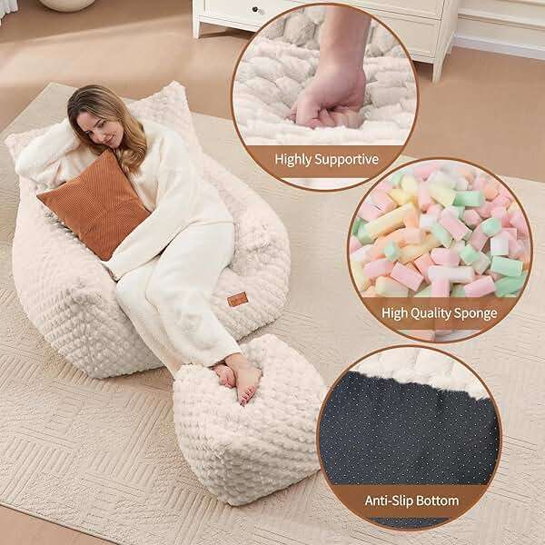 Bean Bag Chair with Ottoman, Modern Giant Bean Bag Couch Sofa with Footstool, Lounge Large Bean Bag Chairs for Adults Teens, Comfy Faux Fur Reading Chair for Bedroom, Living Room - Image 6