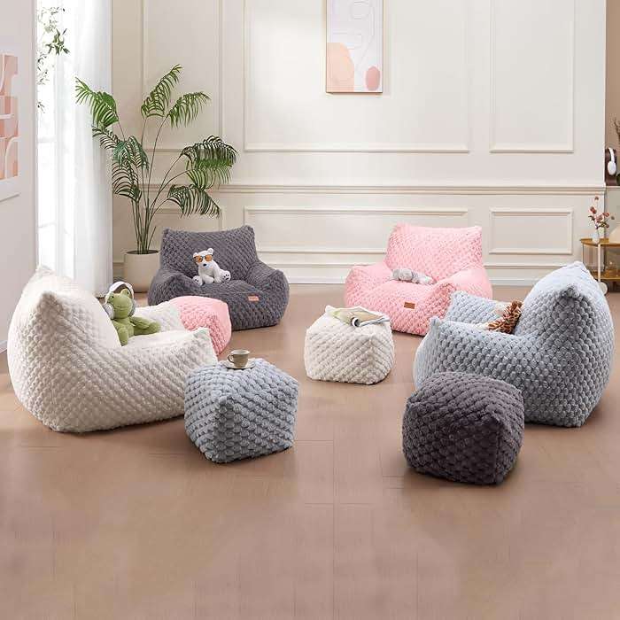 Bean Bag Chair with Ottoman, Modern Giant Bean Bag Couch Sofa with Footstool, Lounge Large Bean Bag Chairs for Adults Teens, Comfy Faux Fur Reading Chair for Bedroom, Living Room - Image 7