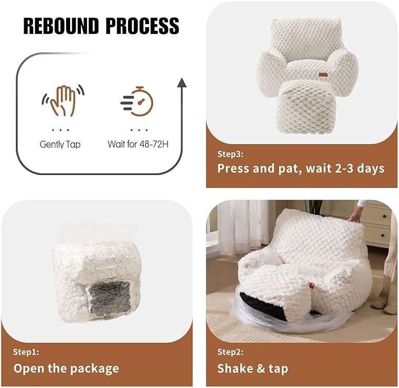Bean Bag Chair with Ottoman, Modern Giant Bean Bag Couch Sofa with Footstool, Lounge Large Bean Bag Chairs for Adults Teens, Comfy Faux Fur Reading Chair for Bedroom, Living Room - Image 8