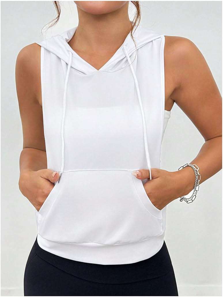 SweatyRocks Women's Sleeveless Low Cut Racerback Hoodies Workout Tops Cropped Hooded Tanks with Pocket - Image 2