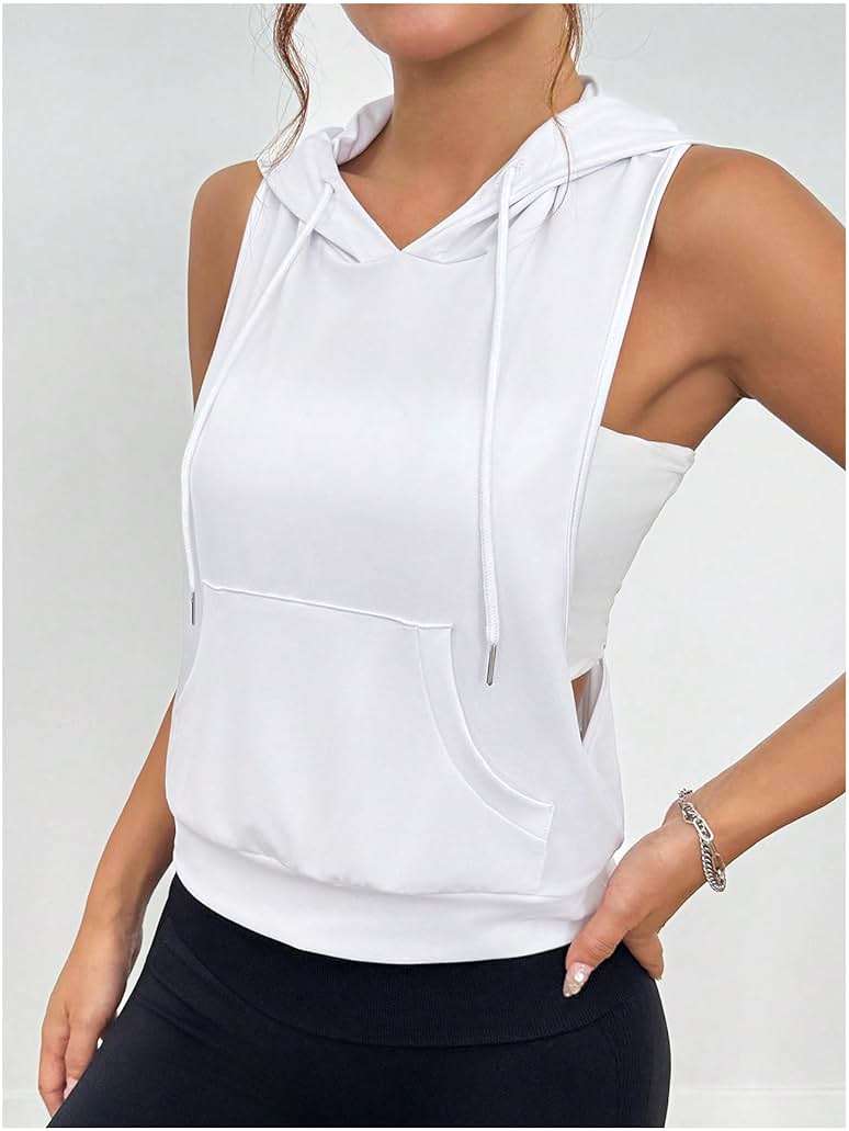 SweatyRocks Women's Sleeveless Low Cut Racerback Hoodies Workout Tops Cropped Hooded Tanks with Pocket - Image 3