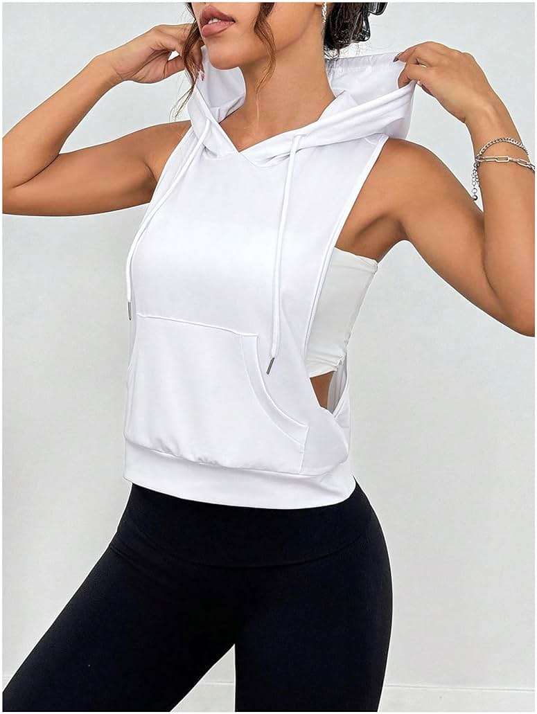 SweatyRocks Women's Sleeveless Low Cut Racerback Hoodies Workout Tops Cropped Hooded Tanks with Pocket - Image 4