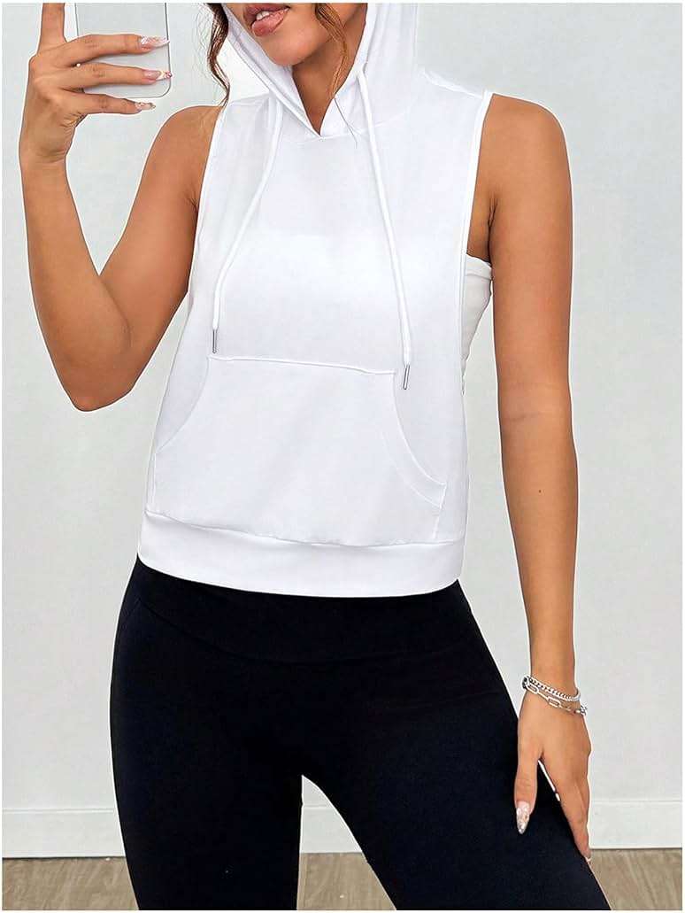 SweatyRocks Women's Sleeveless Low Cut Racerback Hoodies Workout Tops Cropped Hooded Tanks with Pocket - Image 5