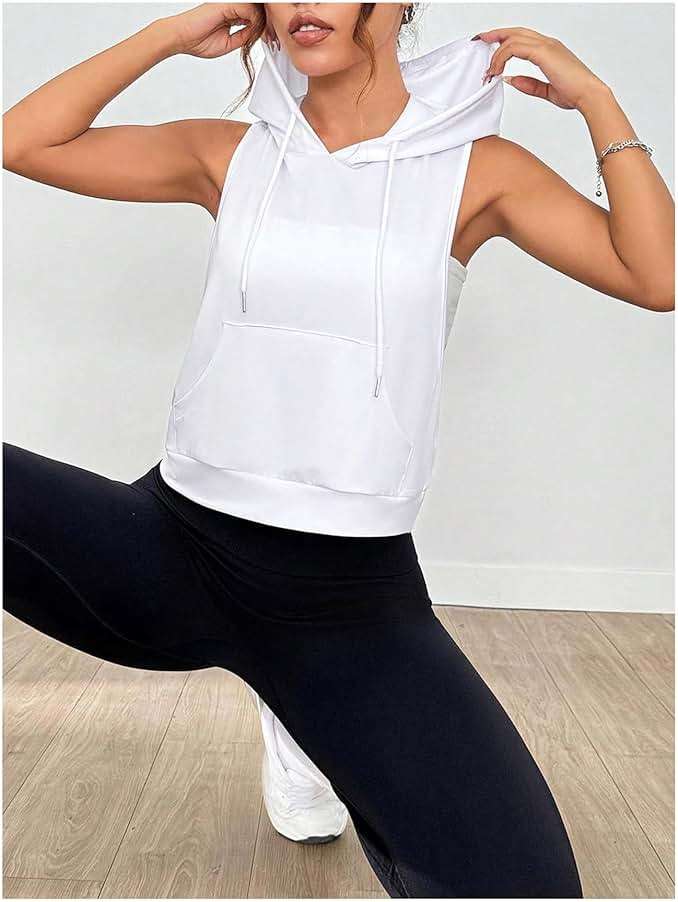 SweatyRocks Women's Sleeveless Low Cut Racerback Hoodies Workout Tops Cropped Hooded Tanks with Pocket - Image 6
