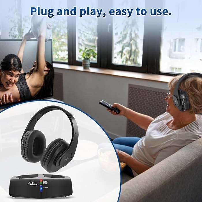 WallarGe Wireless Headphones for TV Watching, Easy Setup and Comfortable Bluetooth Headphones with RF Transmitter Charging Dock, 100 Ft Wireless Range, Rechargeable 25 Hours Play and No Audio Delay - Image 4