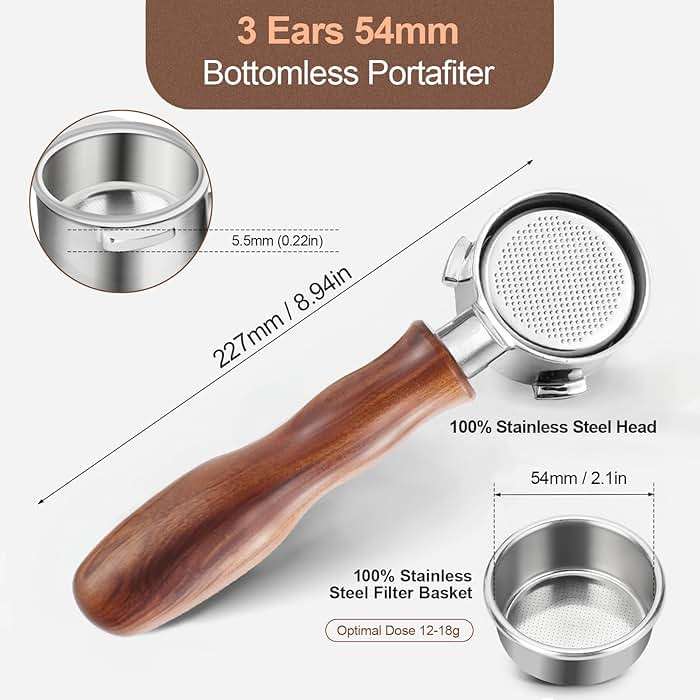WhaleSiper 54mm Bottomless Portafilter with Puck Screen, Compatible with Breville BES870/880 & Solis etc., 3-Ear Stainless Head - Image 2