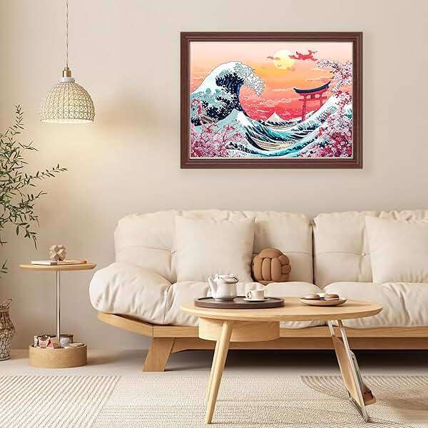 Lxmsja Cherry Blossom Diamond Art Kits for Adults, Great Wave DIY Full Drill Diamond Painting Kits for Beginners, 5D Gem Art Crafts for Adults, Home Wall Decor 16x12 inch - Image 2
