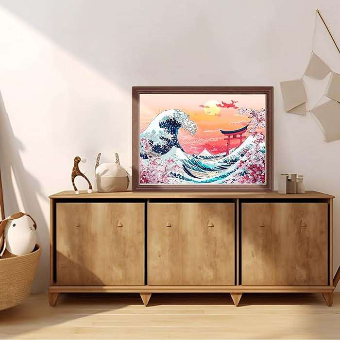 Lxmsja Cherry Blossom Diamond Art Kits for Adults, Great Wave DIY Full Drill Diamond Painting Kits for Beginners, 5D Gem Art Crafts for Adults, Home Wall Decor 16x12 inch - Image 3