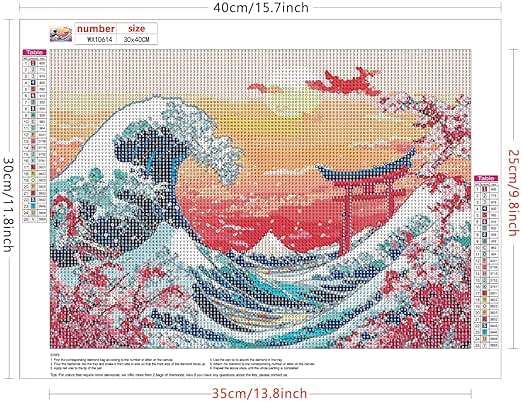 Lxmsja Cherry Blossom Diamond Art Kits for Adults, Great Wave DIY Full Drill Diamond Painting Kits for Beginners, 5D Gem Art Crafts for Adults, Home Wall Decor 16x12 inch - Image 6