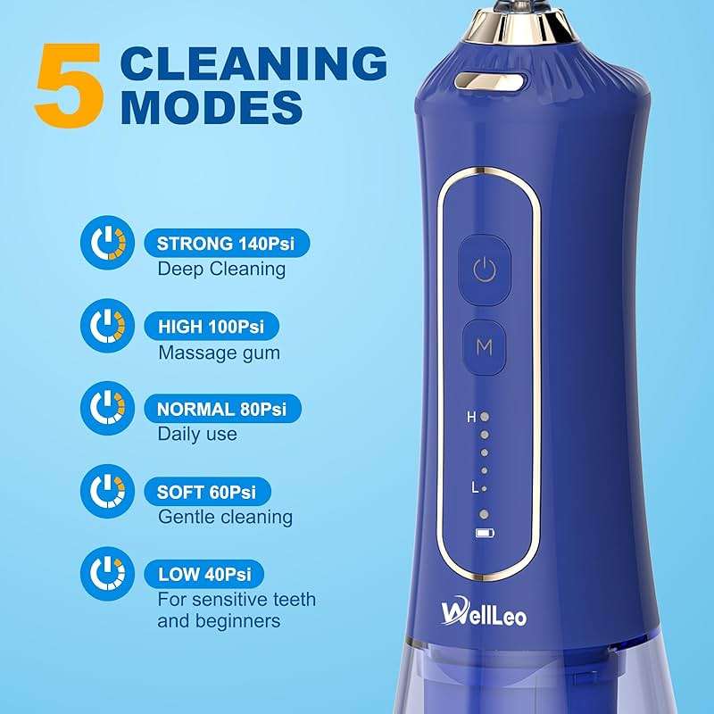 WellLeo Water Flossers for Teeth, 300ML Cordless Oral Irrigator Rechargeable Dental Flosser Picks with 5 Modes 5 Jet Tips,IPX7 Waterproof Teeth Cleaner for Braces Gum Care, Home Travel Use - Image 2