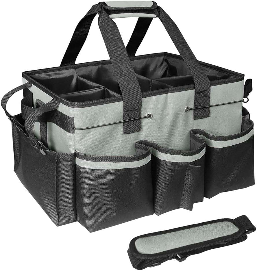 BOHEMIABY Cleaning Bags for Housekeepers, Large Cleaning Supplies Organizer with Handles & Shoulder Strap, Cleaning Caddy Bag with Foldable Divider for Cleaners, Car Horse Cleaning Bag(Grey) - Image 1