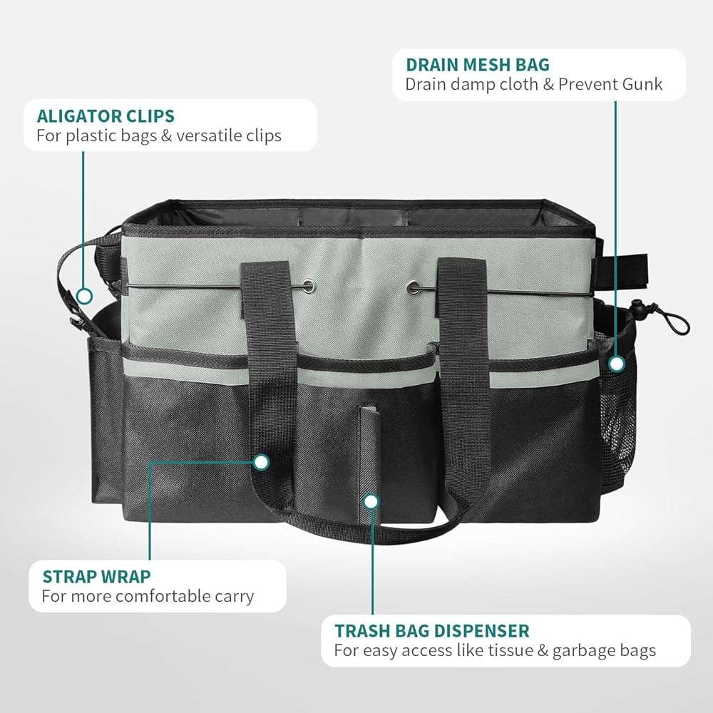 BOHEMIABY Cleaning Bags for Housekeepers, Large Cleaning Supplies Organizer with Handles & Shoulder Strap, Cleaning Caddy Bag with Foldable Divider for Cleaners, Car Horse Cleaning Bag(Grey) - Image 5