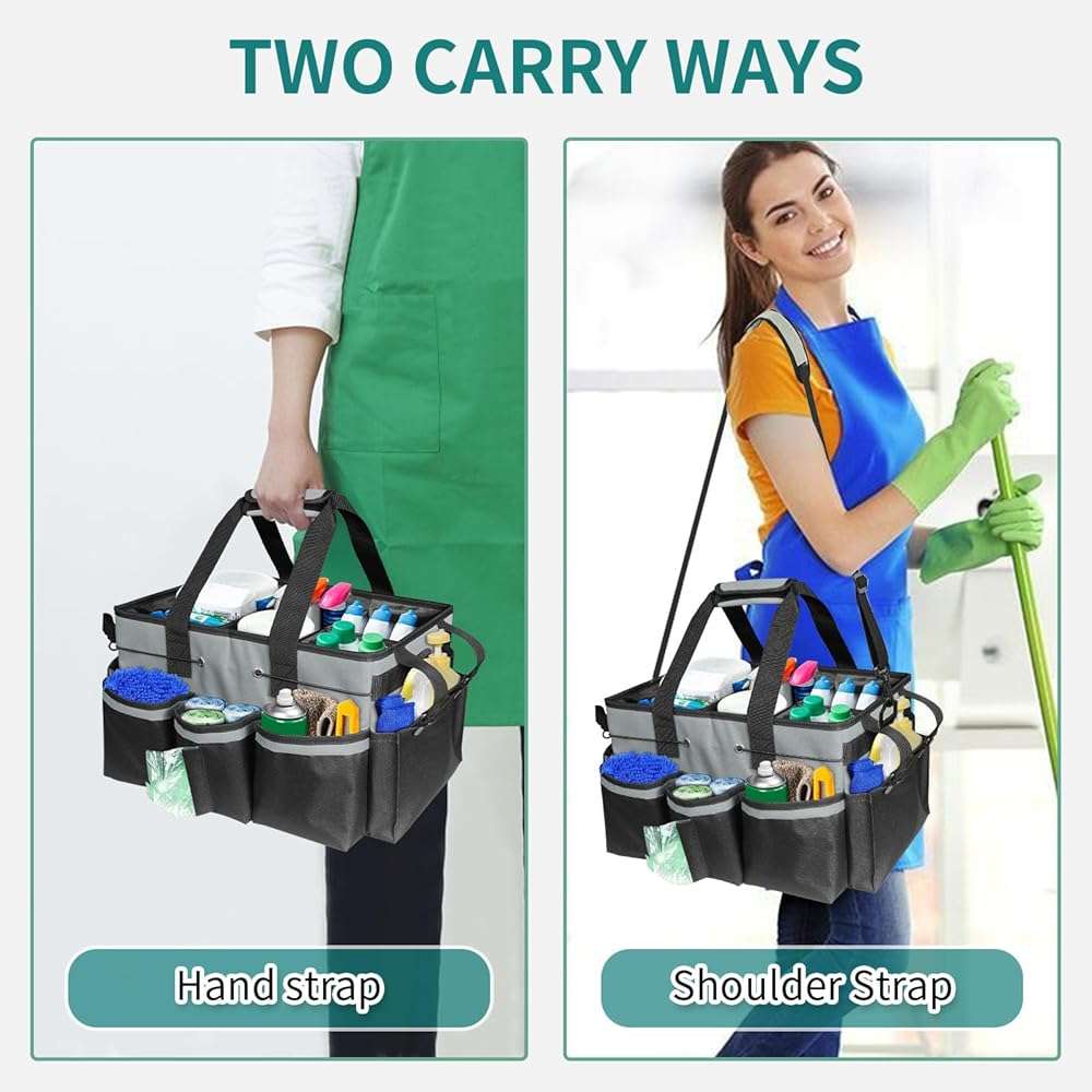 BOHEMIABY Cleaning Bags for Housekeepers, Large Cleaning Supplies Organizer with Handles & Shoulder Strap, Cleaning Caddy Bag with Foldable Divider for Cleaners, Car Horse Cleaning Bag(Grey) - Image 6