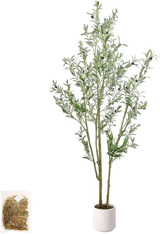 MCTYBB Olive Trees Artificial Indoor,Fake Olive Tree 6FT Tall 1Pack with White Planter, Faux Silk Olive Tree with Natural Wood Trunk and Realistic Leaves Artificial Tree for Home Office Decor - Image 1