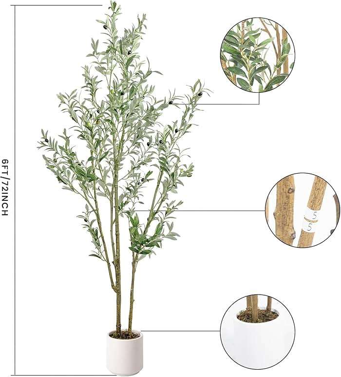 MCTYBB Olive Trees Artificial Indoor,Fake Olive Tree 6FT Tall 1Pack with White Planter, Faux Silk Olive Tree with Natural Wood Trunk and Realistic Leaves Artificial Tree for Home Office Decor - Image 3
