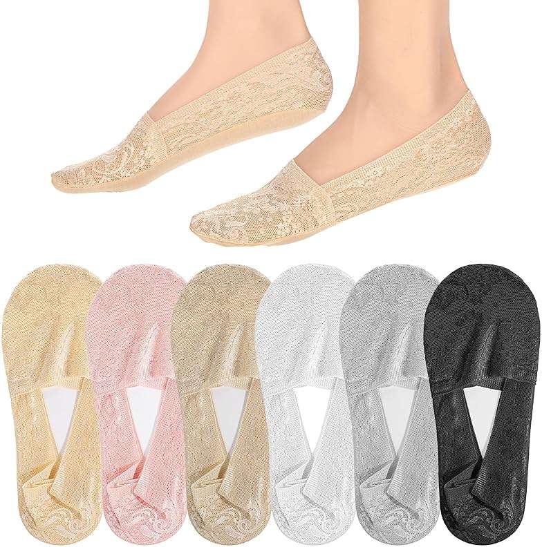 Yuanchu 6 Pairs Women No Show Lace Boat Socks, Cotton Invisible Non-slip Ankle Sock Multicolor Ultra Low Cut Liner - Image 1