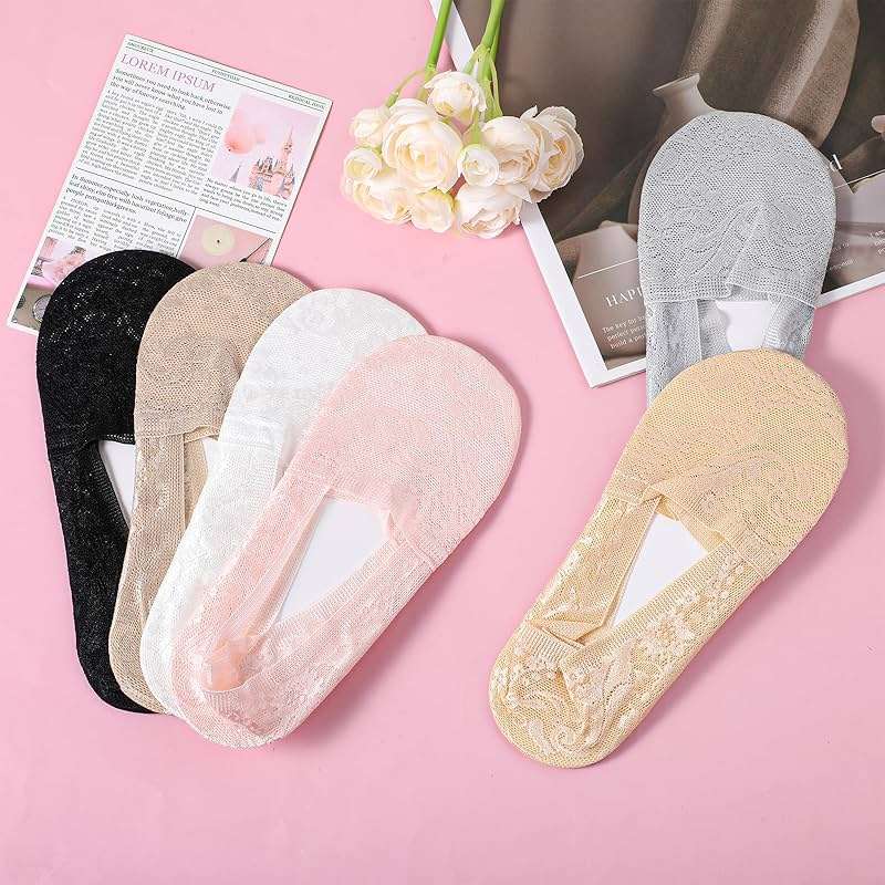 Yuanchu 6 Pairs Women No Show Lace Boat Socks, Cotton Invisible Non-slip Ankle Sock Multicolor Ultra Low Cut Liner - Image 2