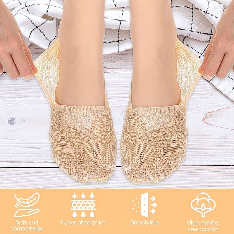 Yuanchu 6 Pairs Women No Show Lace Boat Socks, Cotton Invisible Non-slip Ankle Sock Multicolor Ultra Low Cut Liner - Image 4